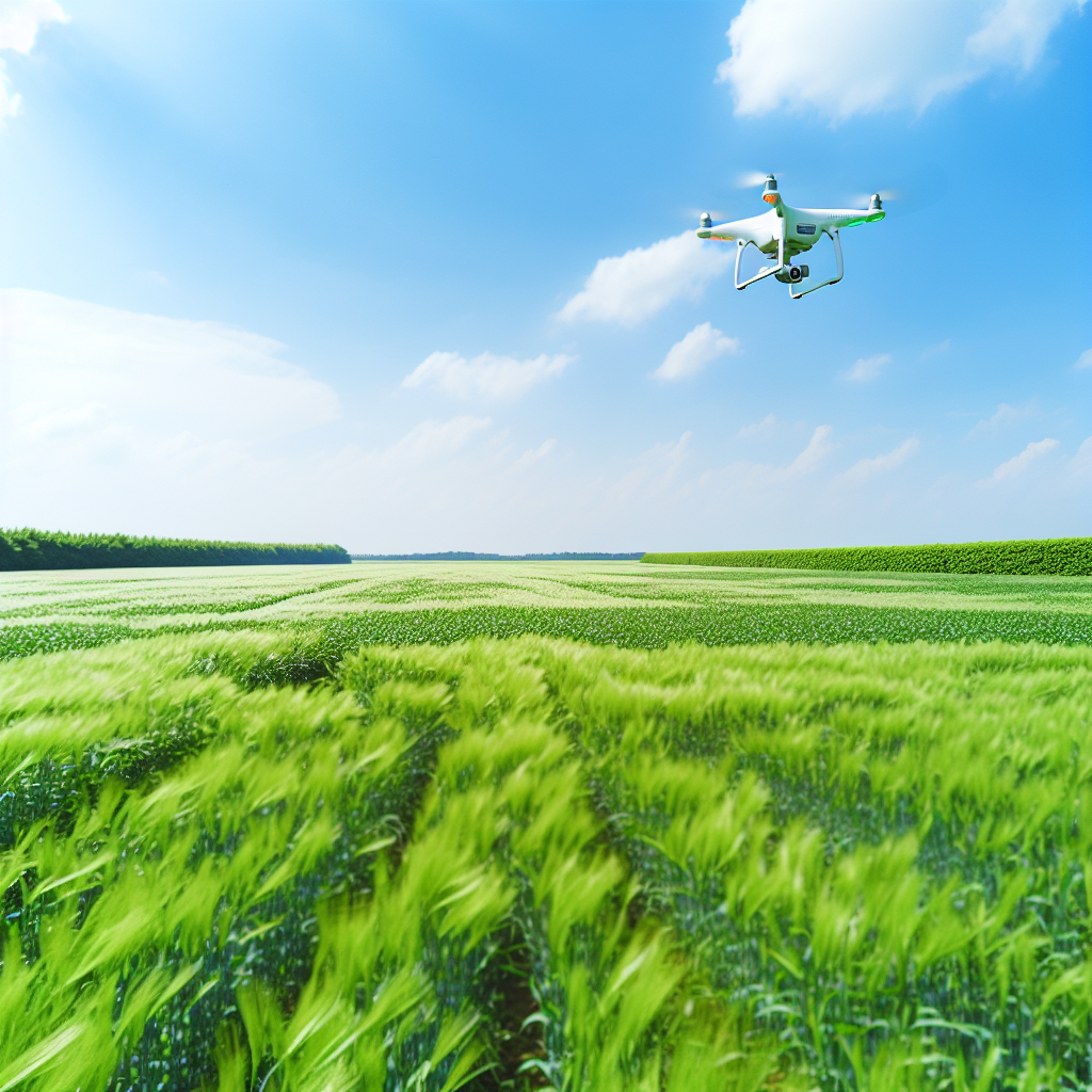 A drone capturing detailed aerial images of a lush, green crop field.