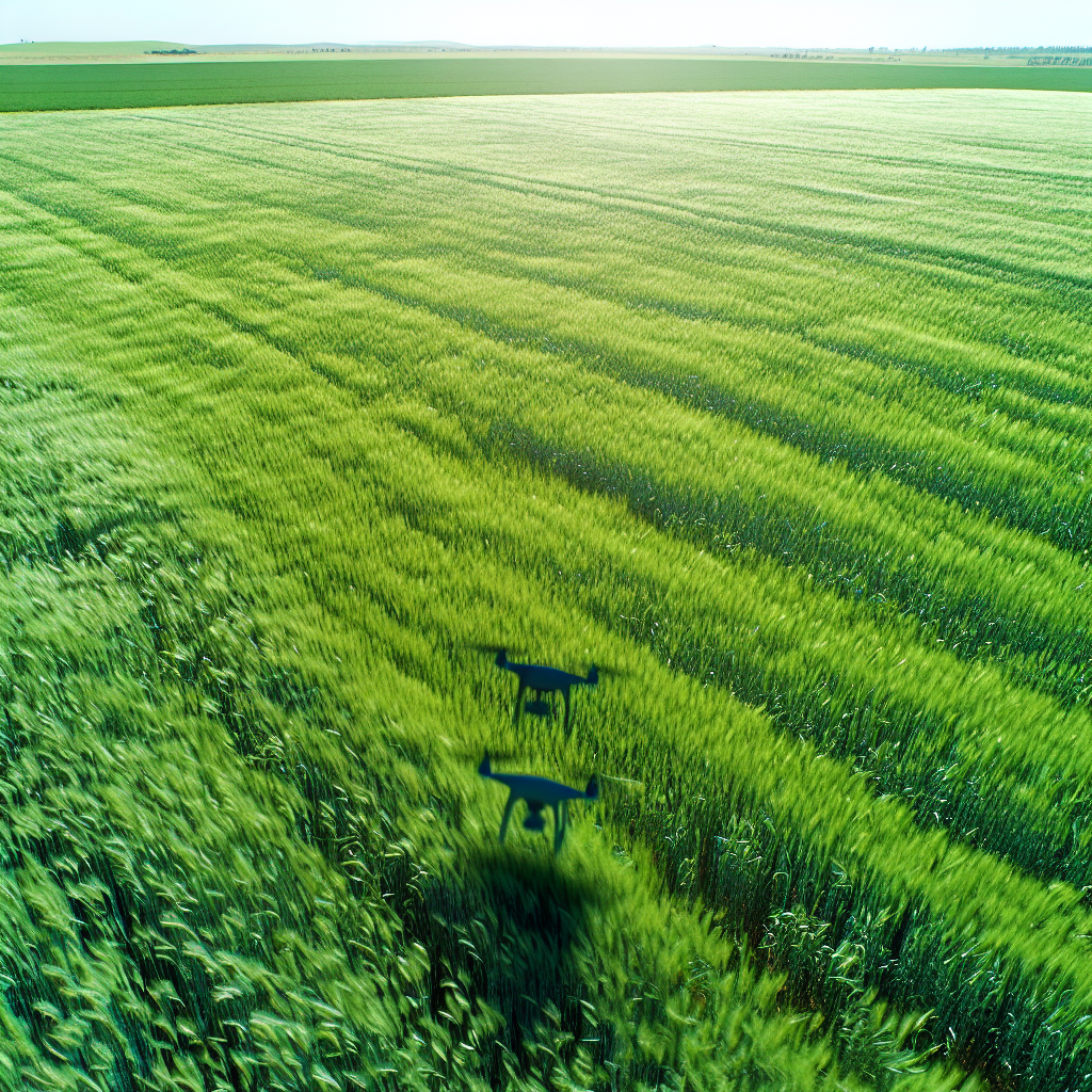 A drone flying over a lush, green farm field.