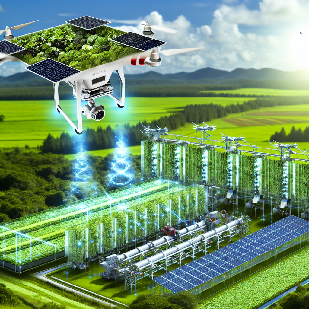 A drone hovering over a lush, technologically advanced farm.