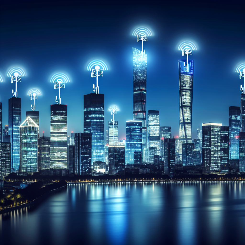 A futuristic city skyline with 5G.