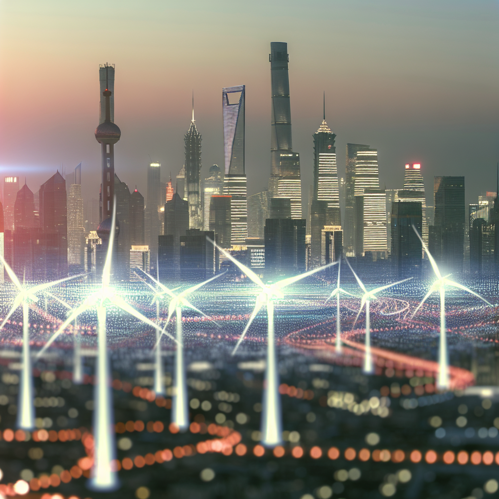 A futuristic city skyline with wind turbines.