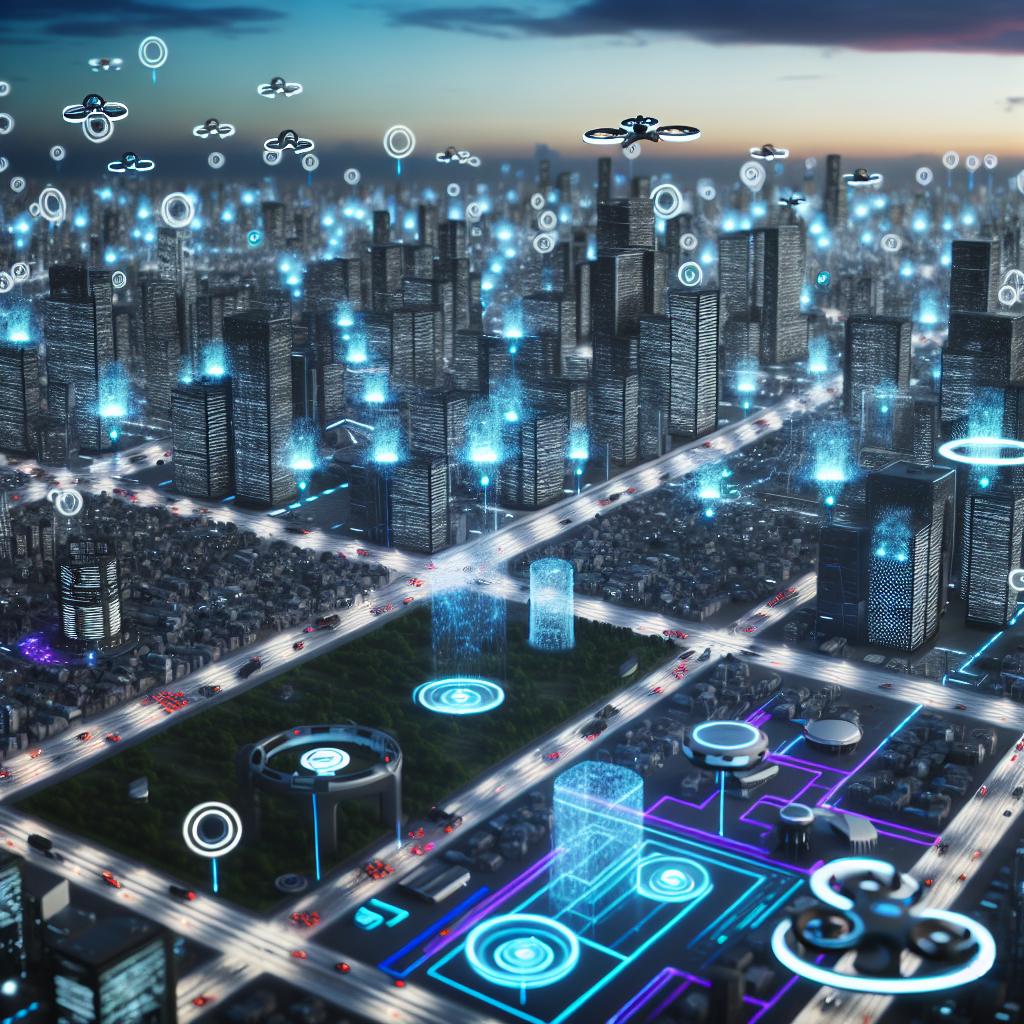 A futuristic cityscape with interconnected devices.