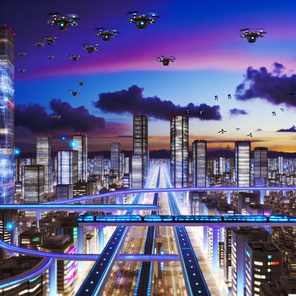 A futuristic cityscape with interconnected devices.