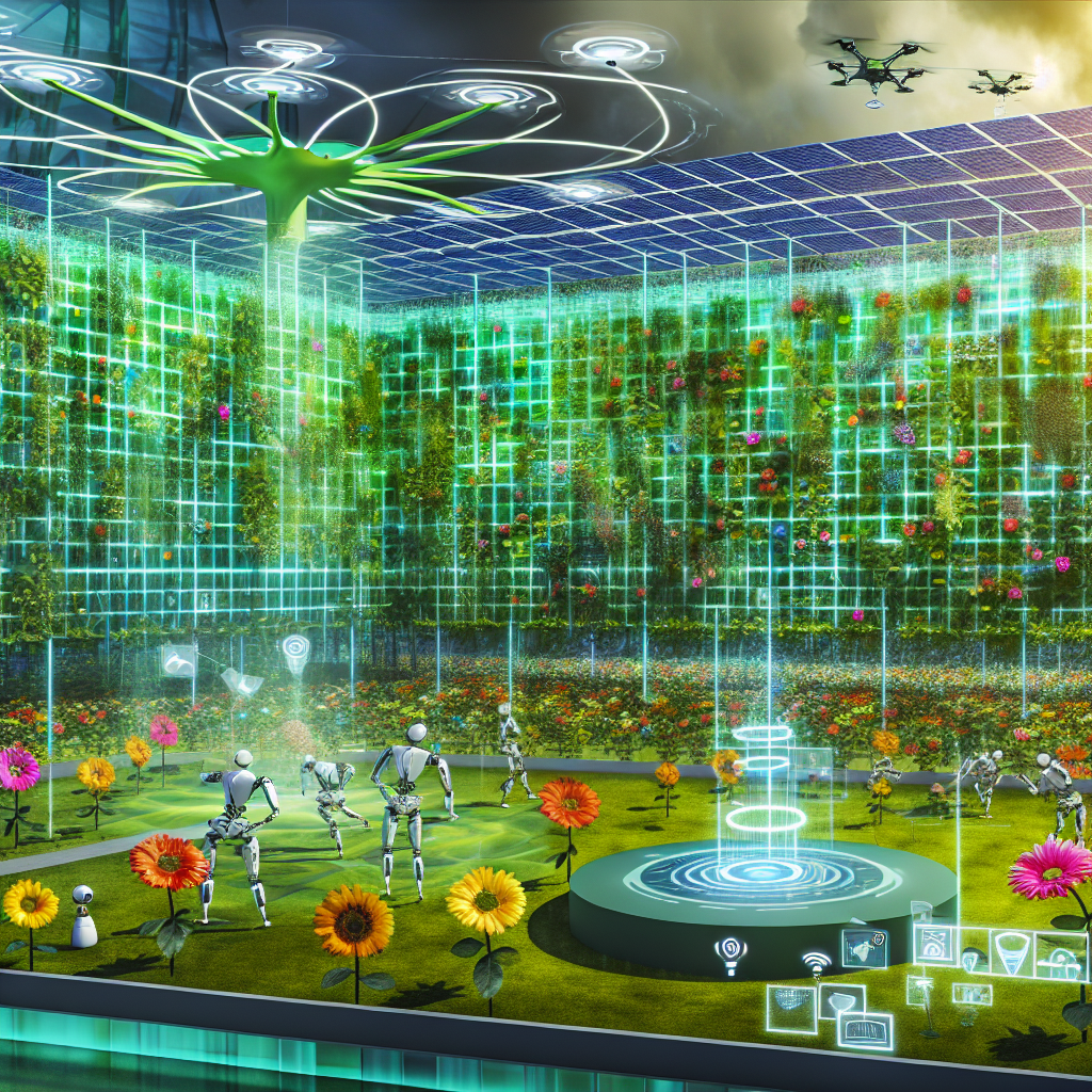 A futuristic garden with IoT devices.