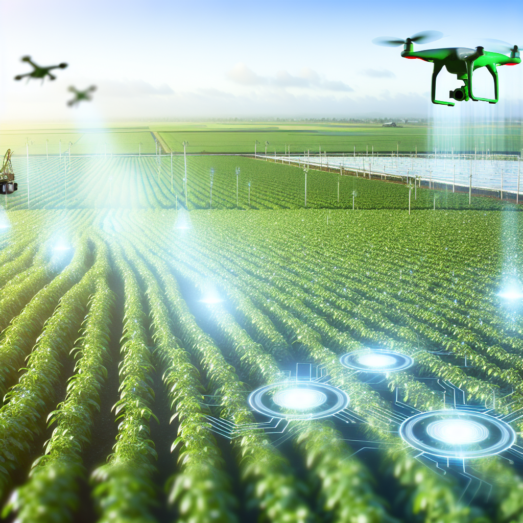 A high-tech farm with drones and sensors.