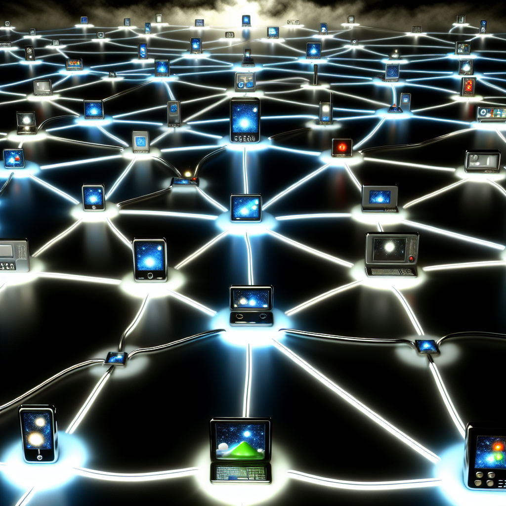 A network of interconnected devices glowing.