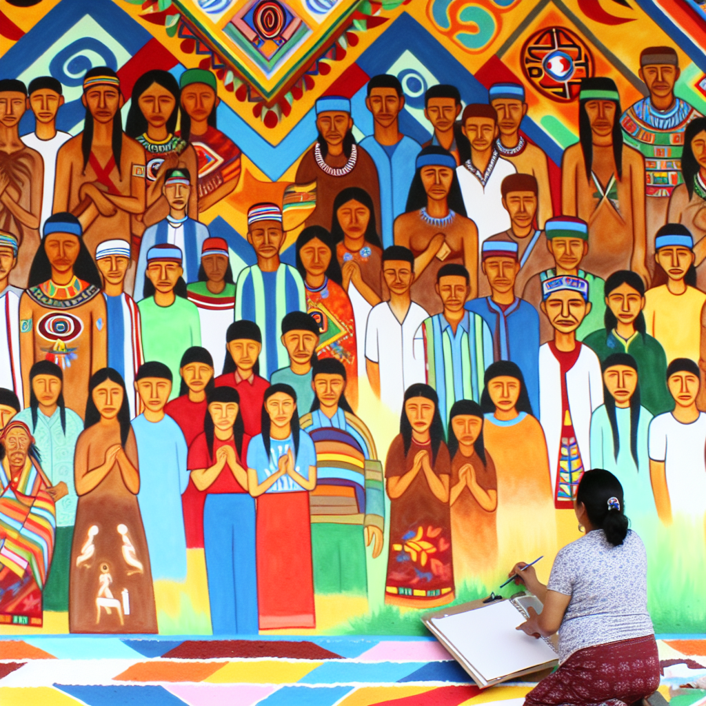 A vibrant mural depicting Indigenous resilience.