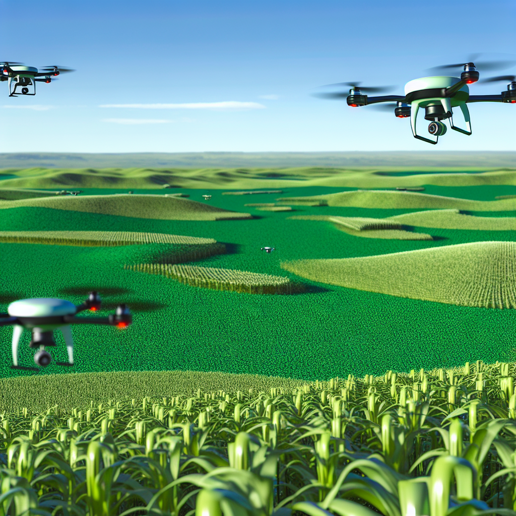 AI-powered drones monitoring lush green fields.