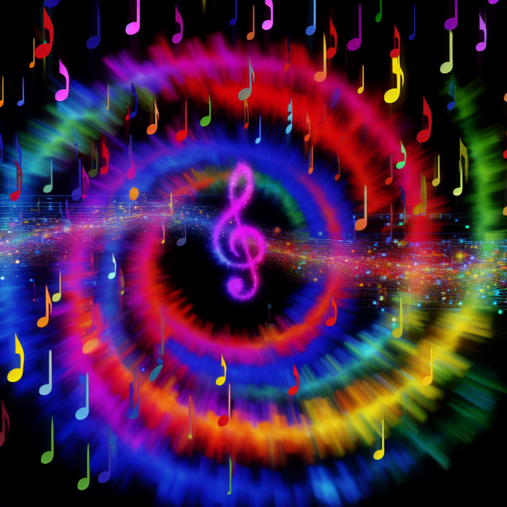 Colorful music notes swirling around algorithm.