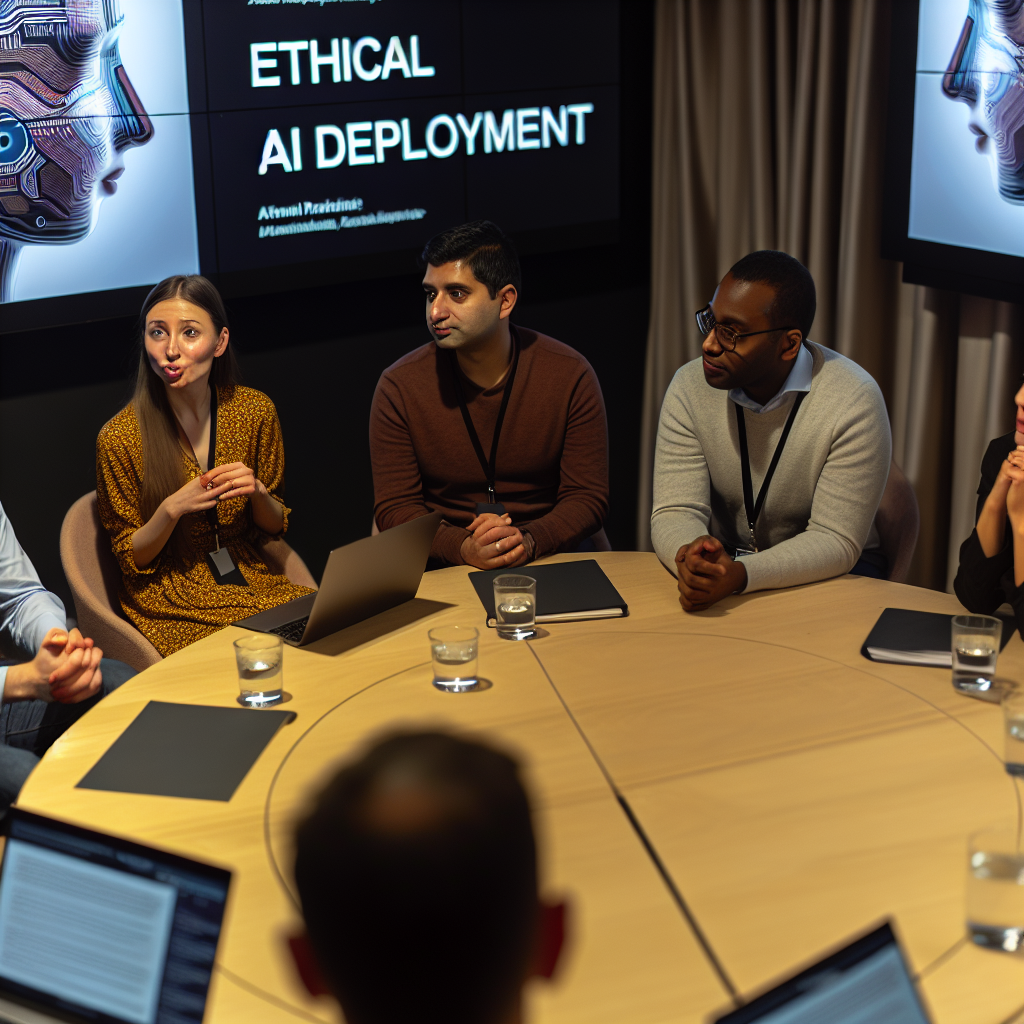 Diverse group discussing ethical AI deployment.