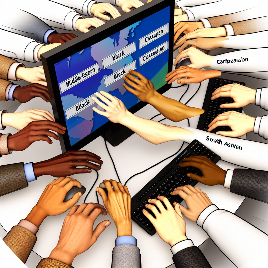 Diverse hands working together on computer.