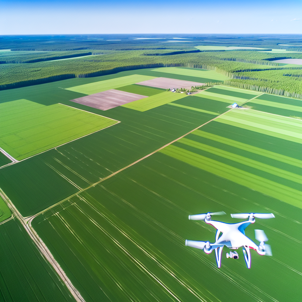 Drone capturing high-resolution aerial images of fields.