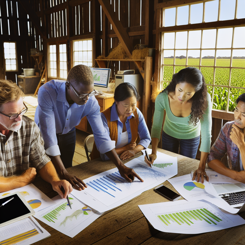 Farmers analyzing data on crops growth.