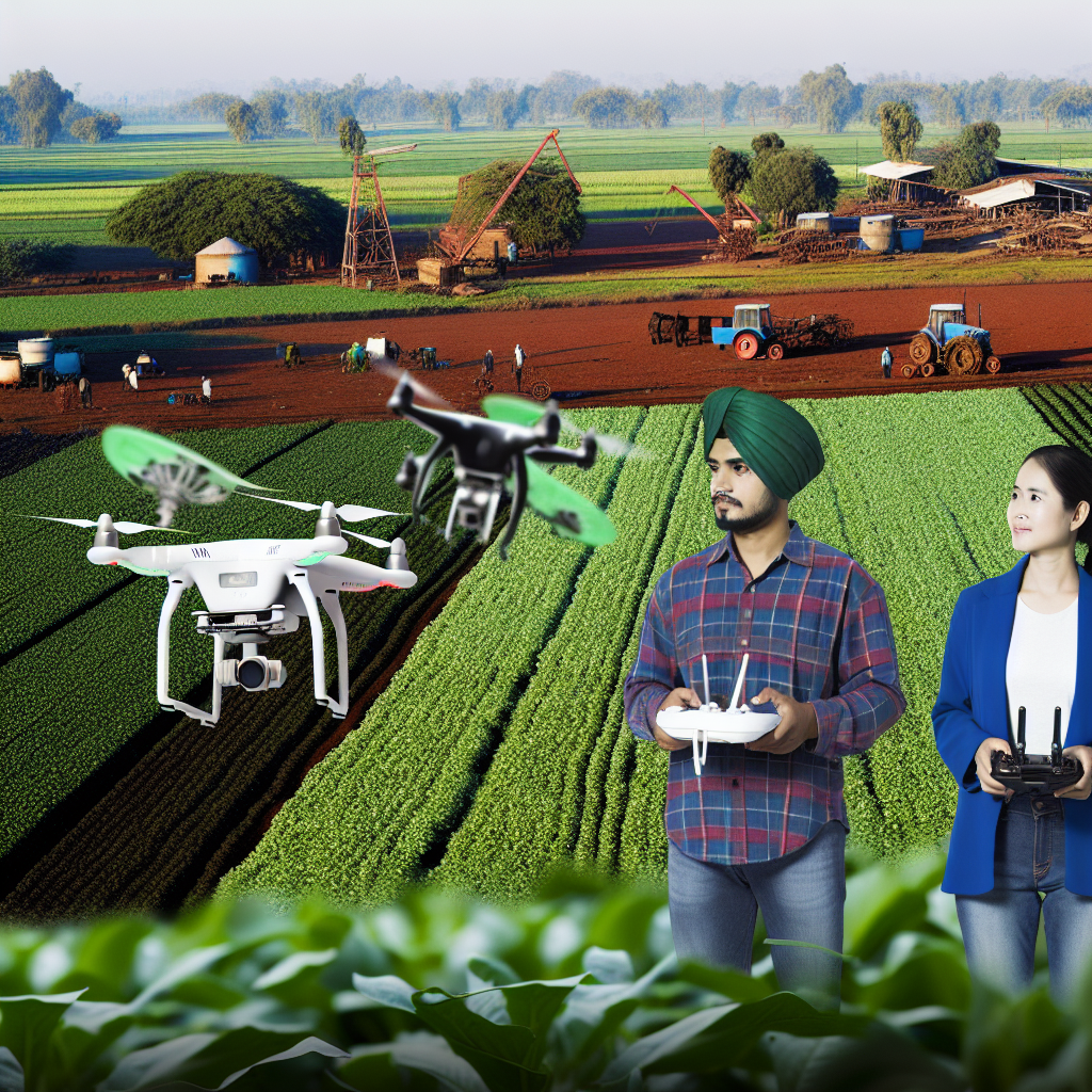 Farmers using drones to monitor crops.