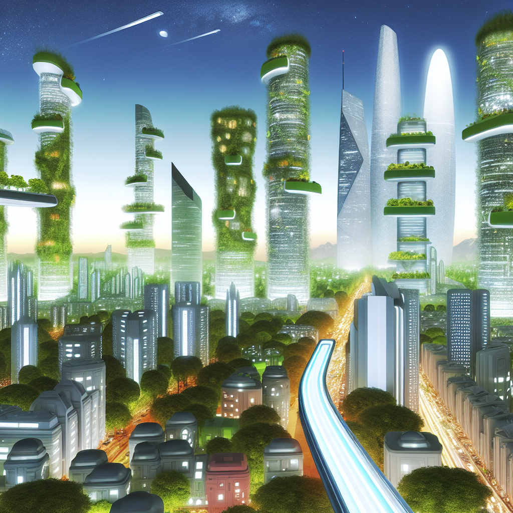 Futuristic city skyline with green infrastructure.