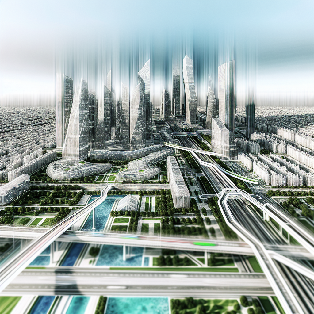 Futuristic city skyline with interconnected buildings.