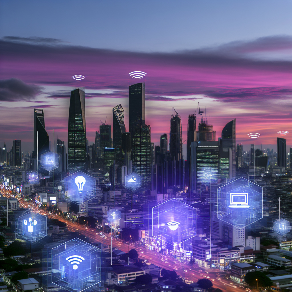 Futuristic city skyline with IoT devices.