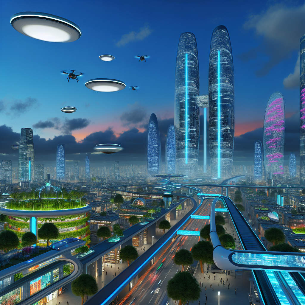 Futuristic city with smart transportation systems.