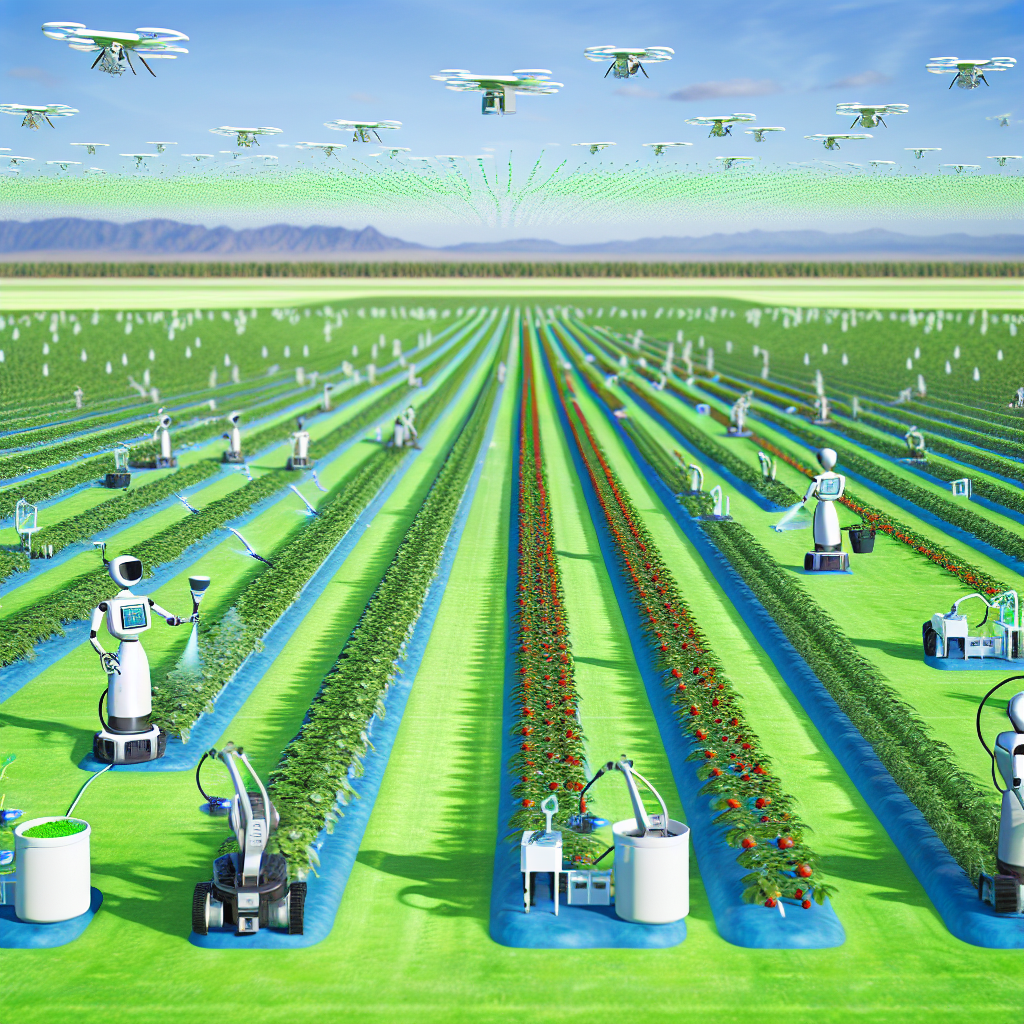 Futuristic farm with AI-driven robots.