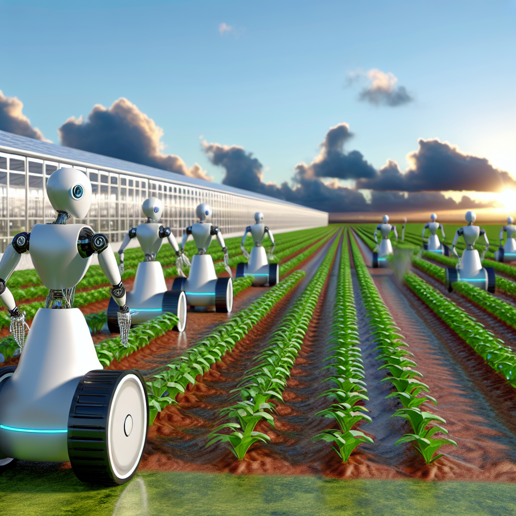 High-tech farm with AI robots harvesting.