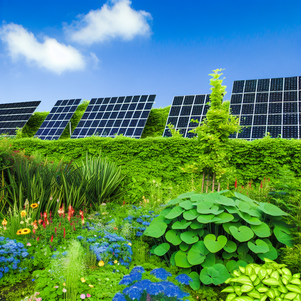 Lush garden with solar panels integrated.