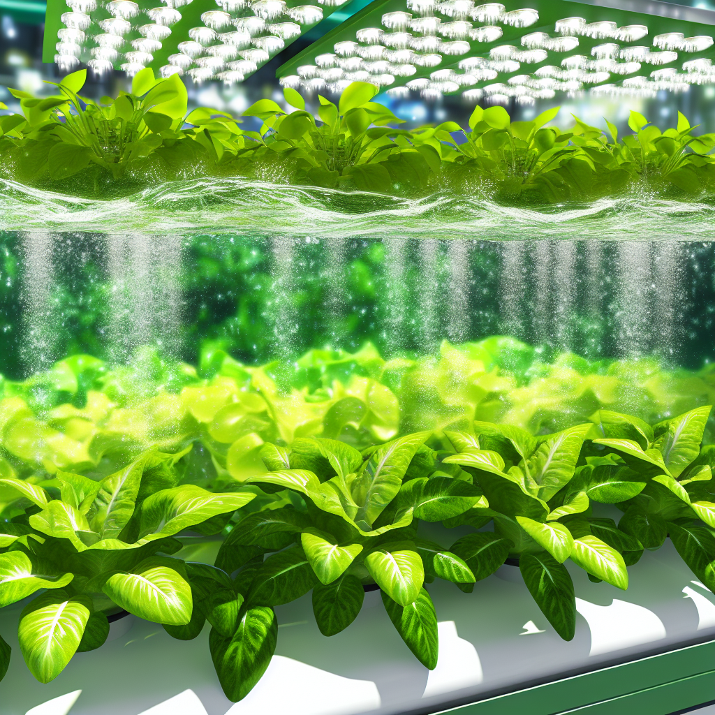 Lush green plants thriving under LED grow lights in a hydroponic system.