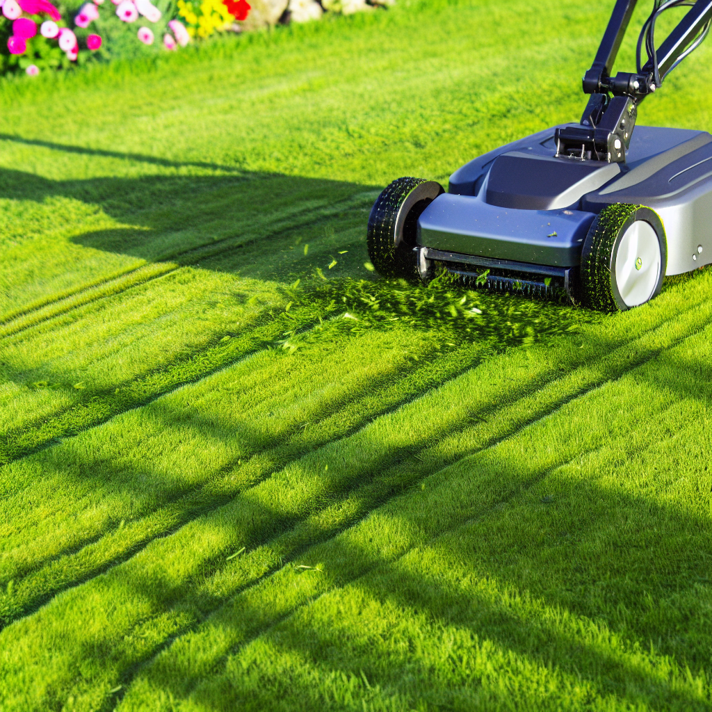 Robotic lawn mower cutting grass autonomously.