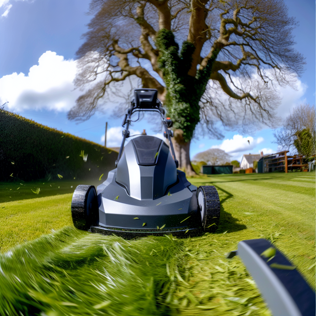 Robotic lawn mower trimming grass.