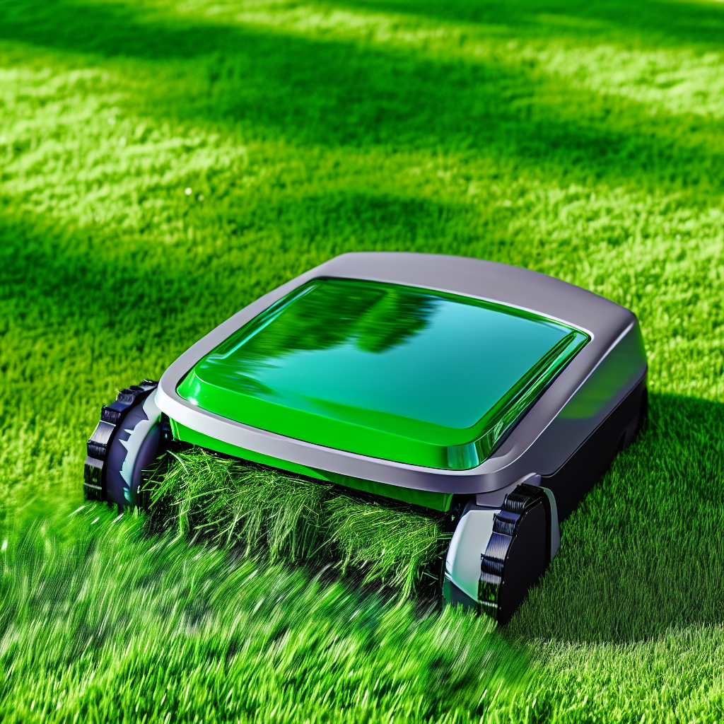 Robotic lawn mower trimming green grass.