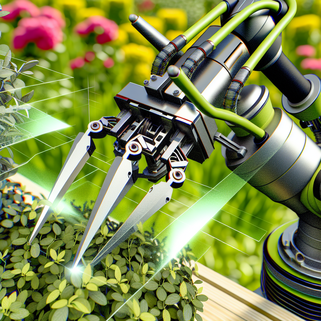 Robotic pruning machine trimming plants accurately.