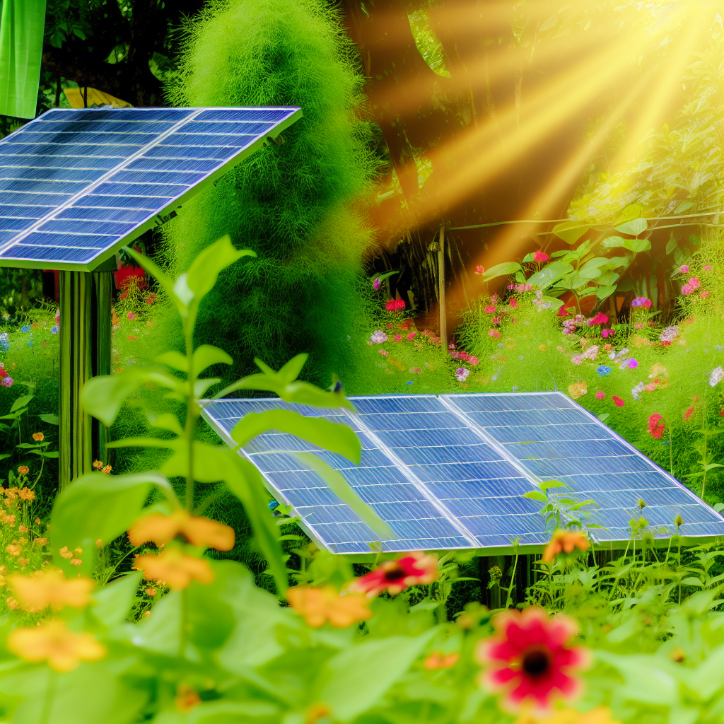 Solar panels gleaming in garden sunlight.