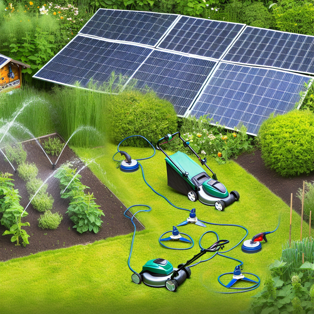 Solar panels powering garden tools and irrigation.