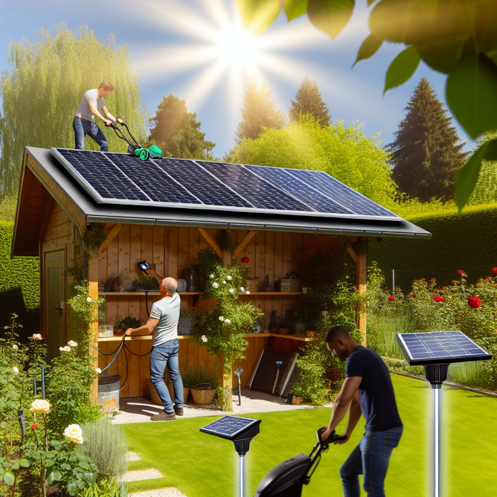 Solar panels powering garden tools and lighting.