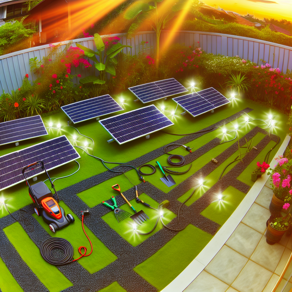 Solar panels powering garden tools and lighting.