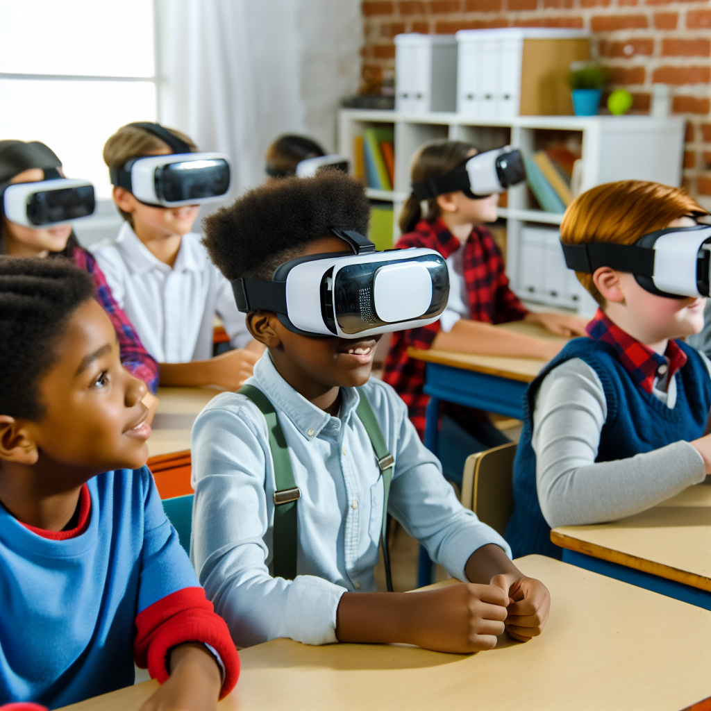 Students wearing VR headsets in classroom.