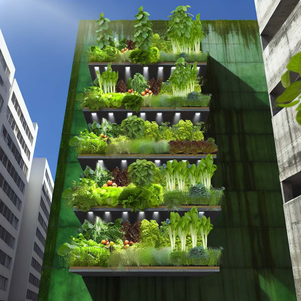 Urban garden with crops growing vertically.