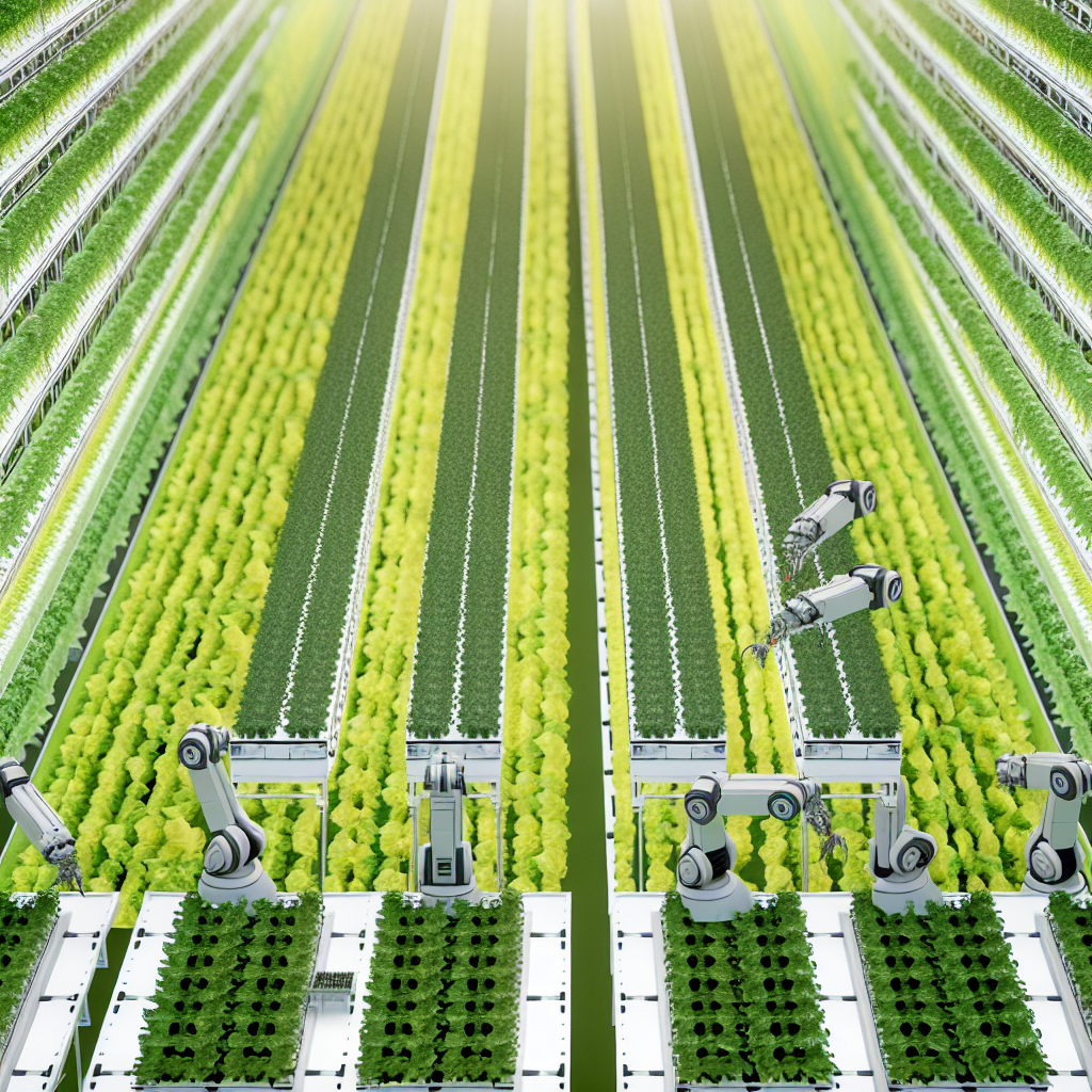 Vertical farm with robotic arms growing.