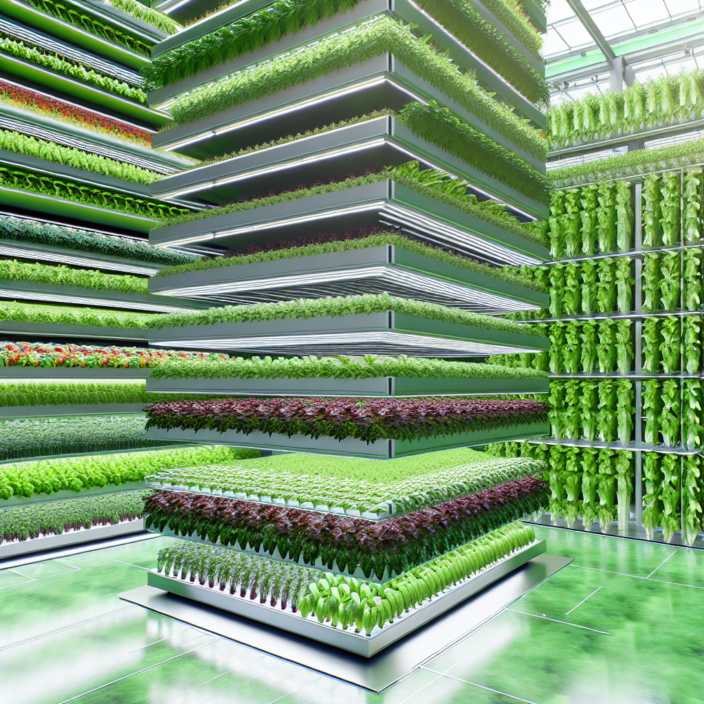 Vertical farm with stacked crops growing.