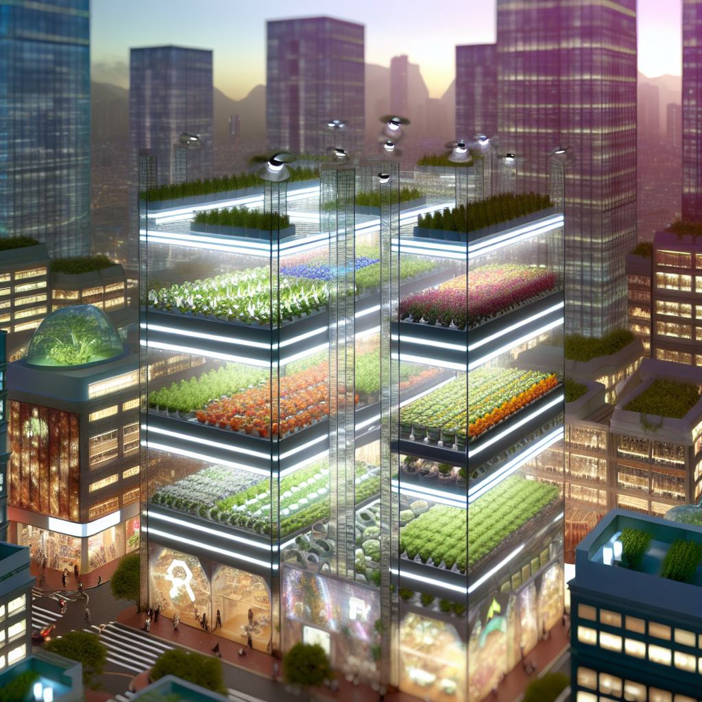 Vertical farming in urban environment, futuristic.