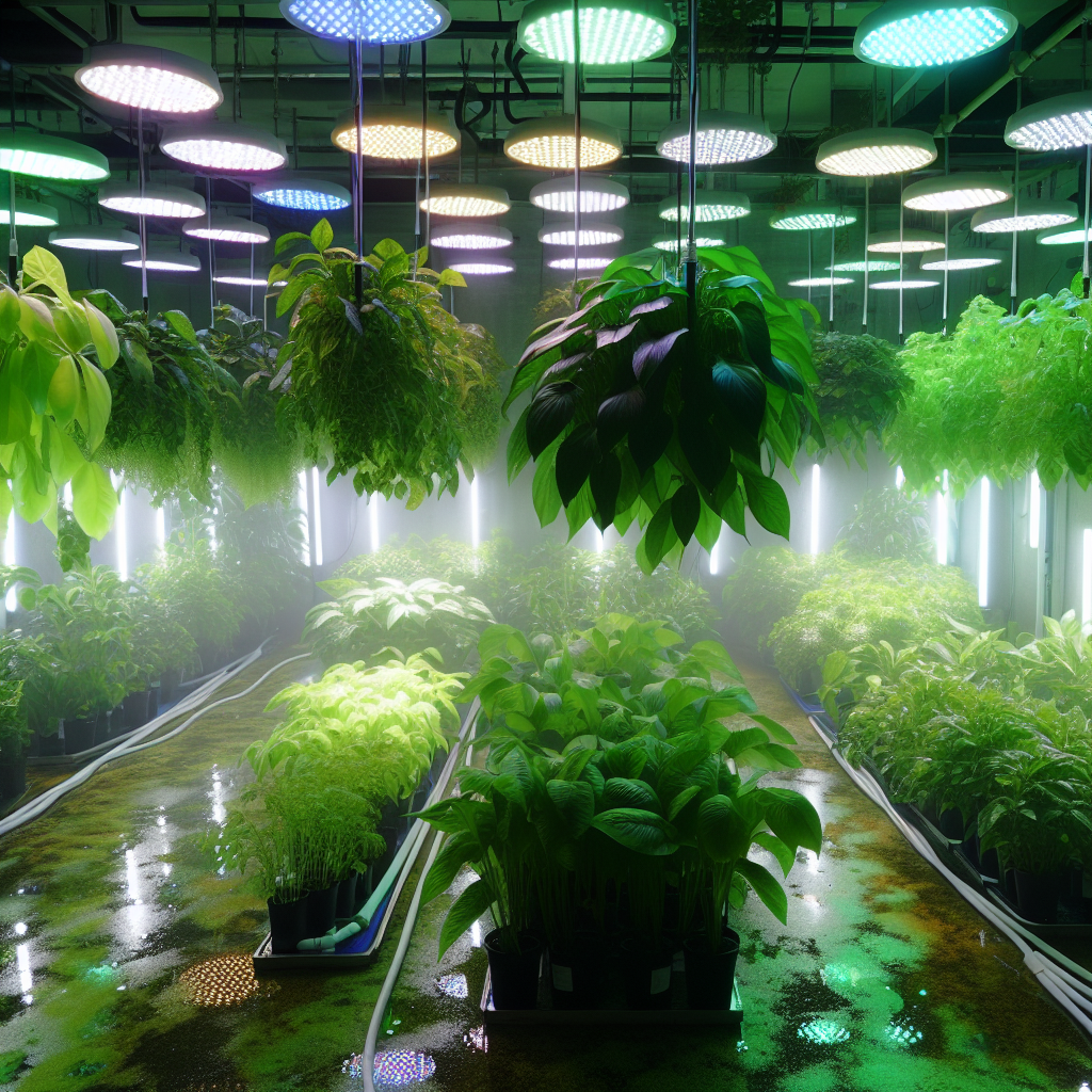 Vibrant indoor garden with LED lights.