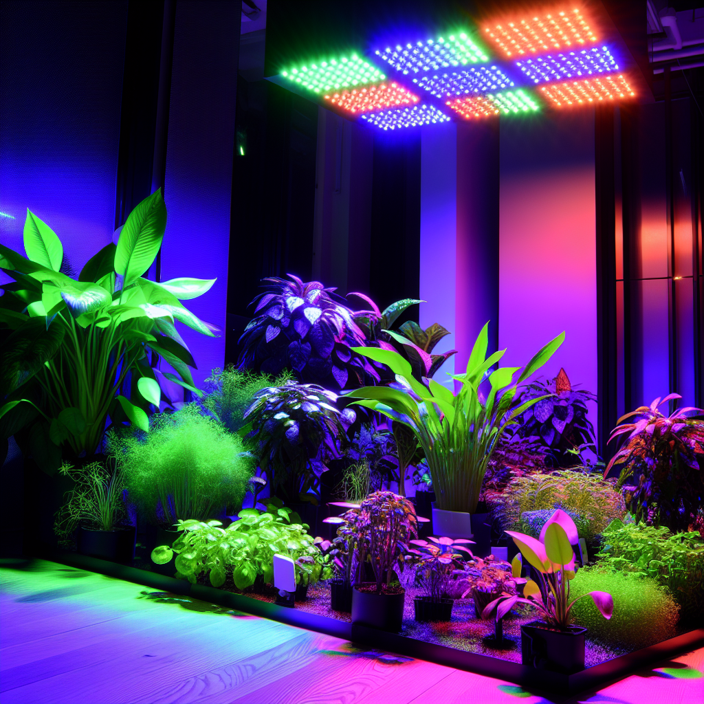 Vibrant plants flourishing under LED lights.