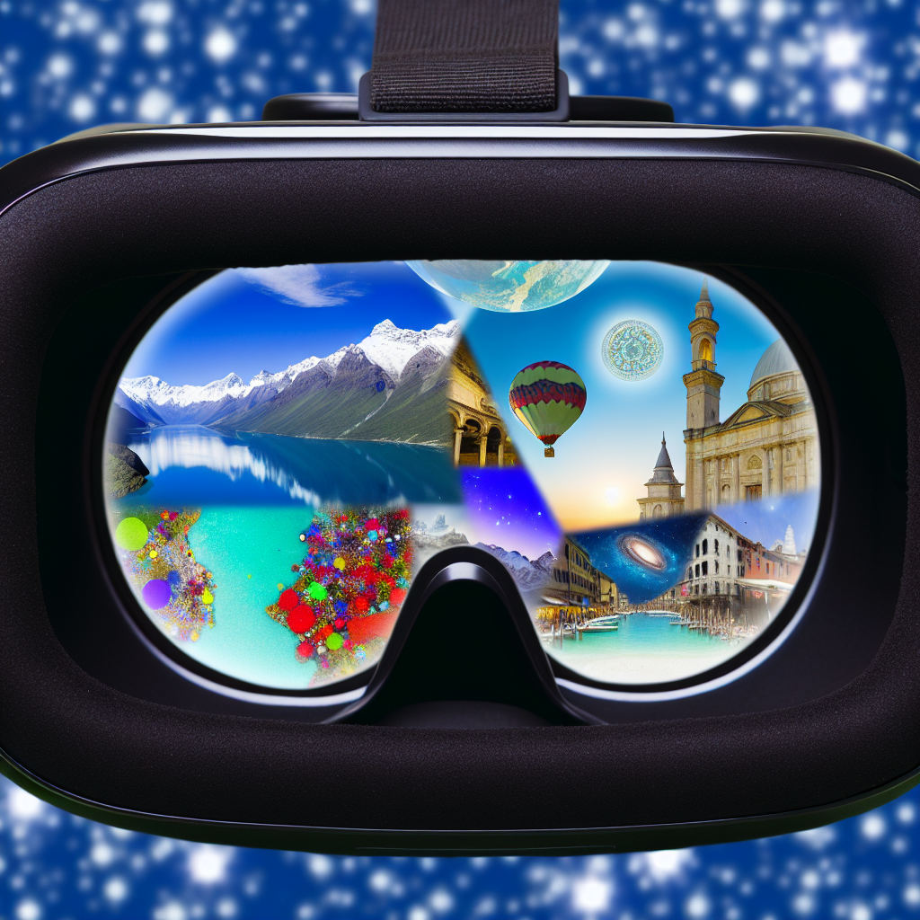 Virtual reality headset displaying travel destinations.