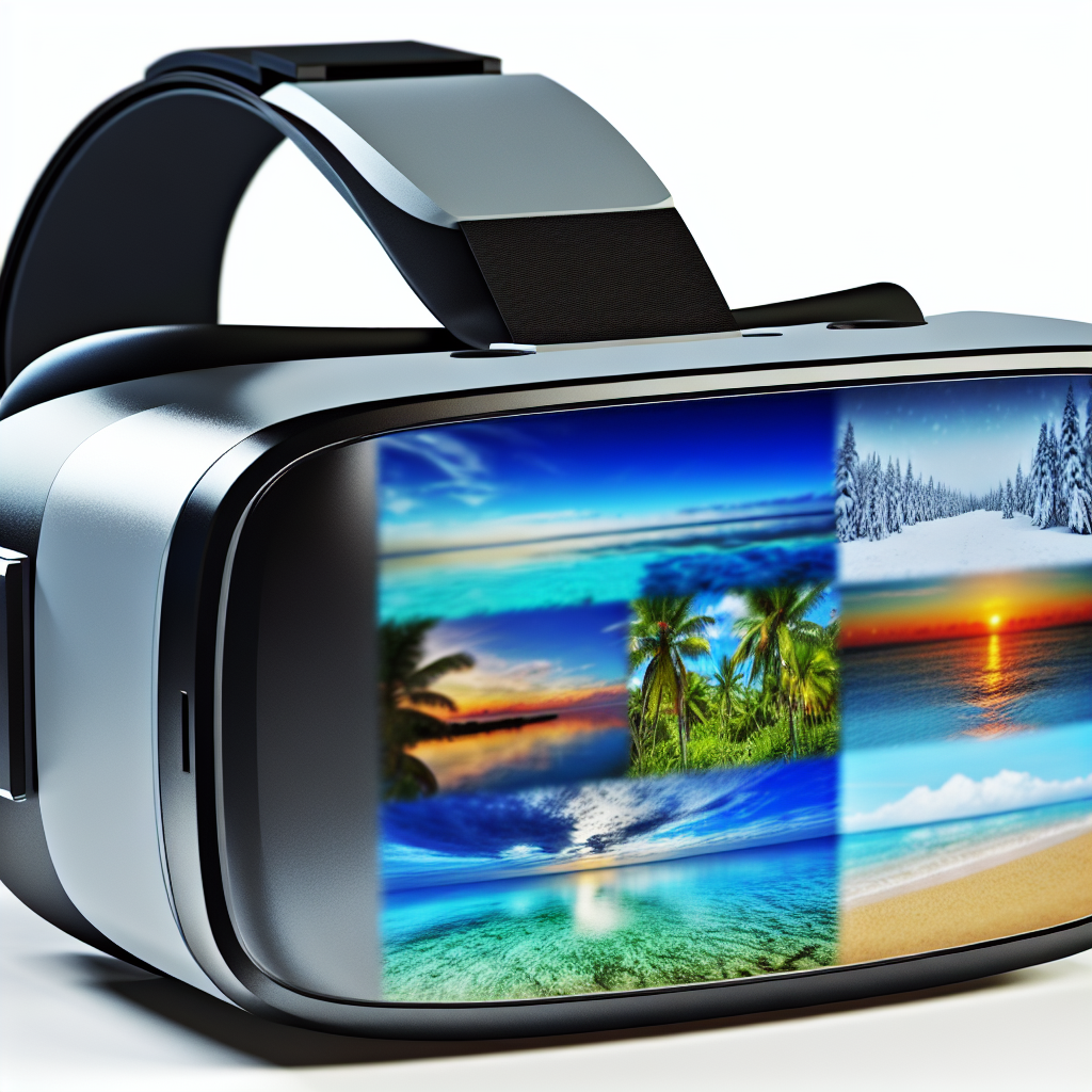 Virtual reality headset showcasing travel destinations.