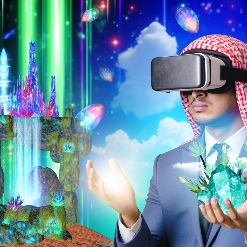 Virtual reality user exploring exotic destination.